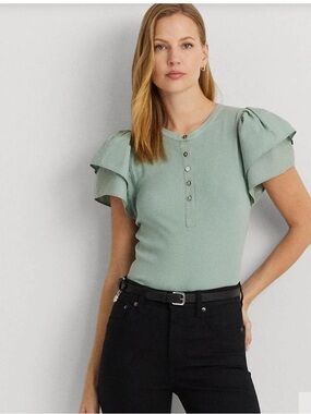 Lauren Ralph Lauren Women's Flutter-Sleeve Henley Top - Light Sage